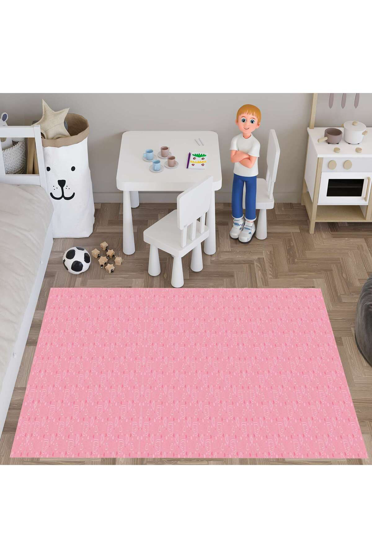 Evan Home Küçük Kalpler Desenli Çocuk Odası Takım Perde (İki Kanat),Yatak Örtüsü,Yastık,Kırlent ,Halı,