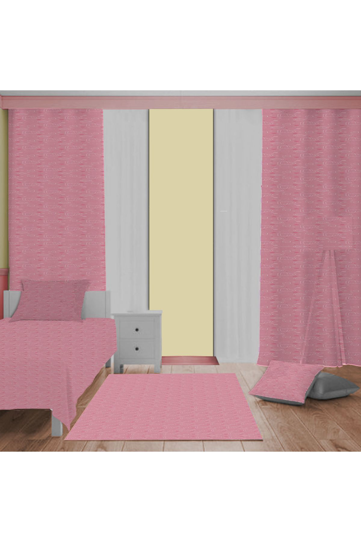 Evan Home Küçük Kalpler Desenli Çocuk Odası Takım Perde (İki Kanat),Yatak Örtüsü,Yastık,Kırlent ,Halı,