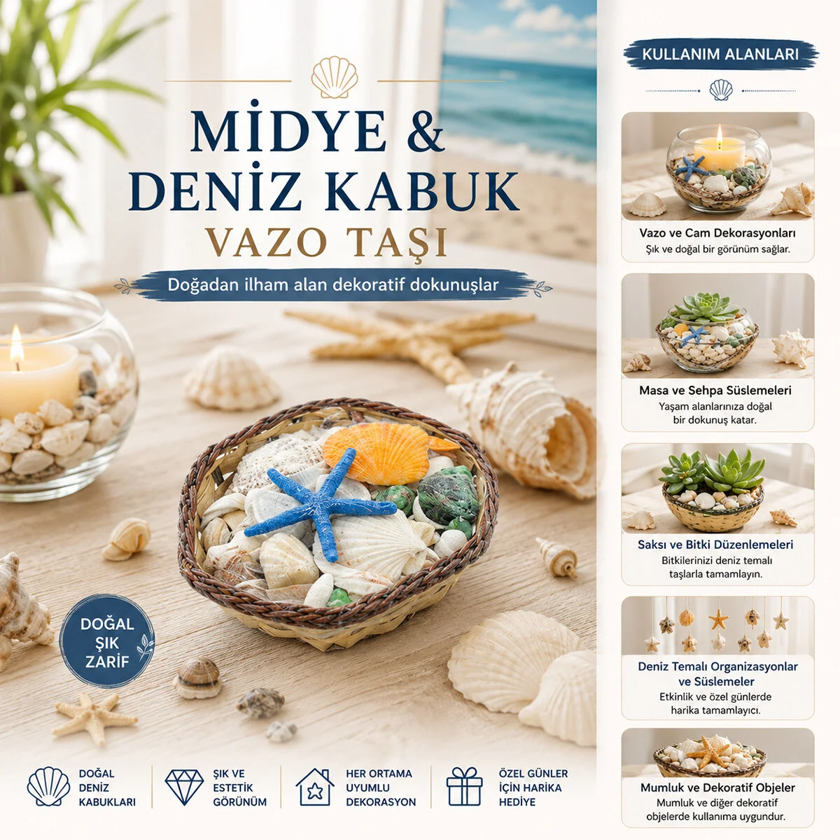 Küçük - Kare - Ahşap Sepetli Renkli Mix Midye - Deniz Kabuk Vazo Taşı Fiyatı, Yorumları ve Özellikleri