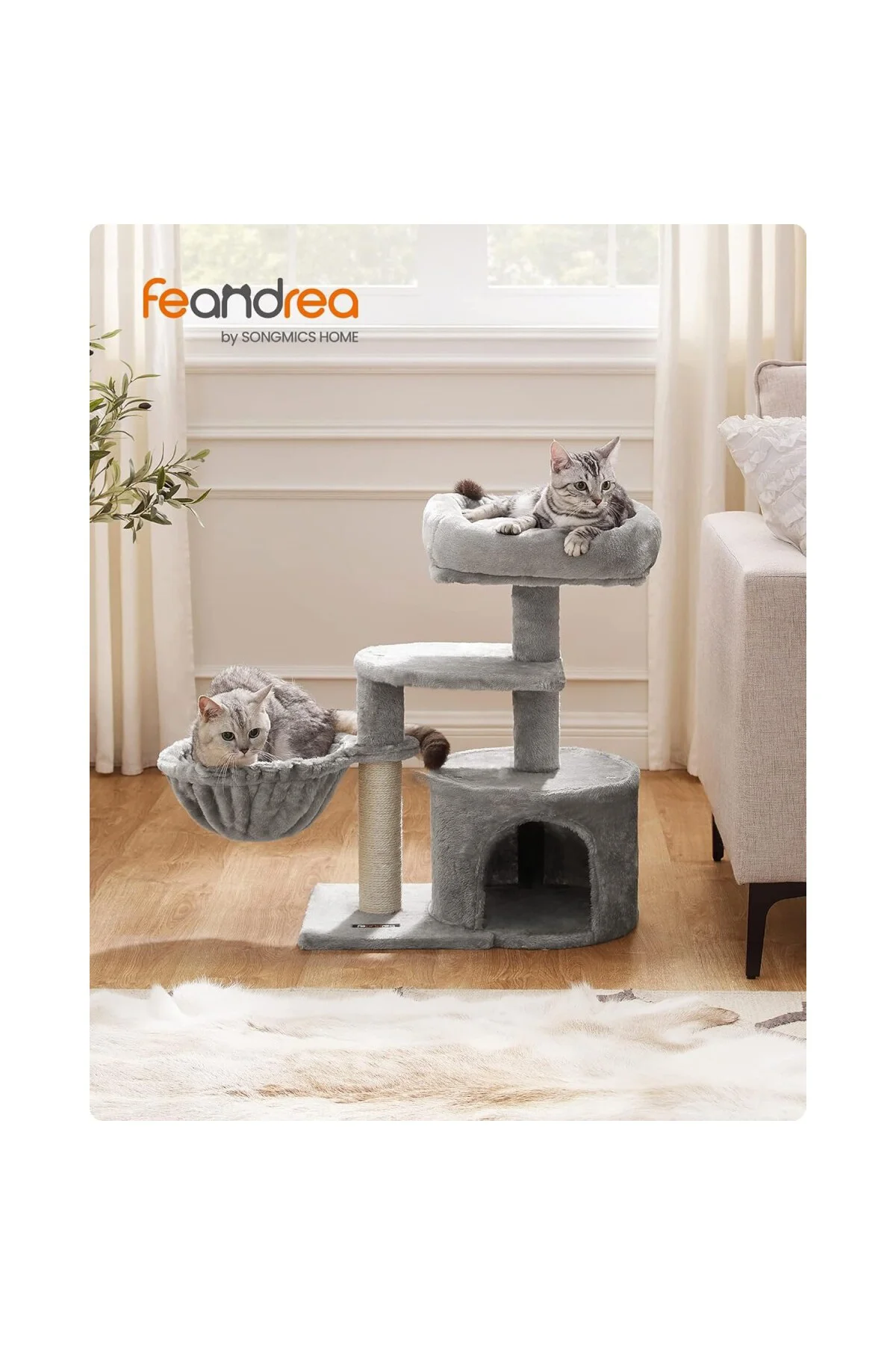 Küçük Kedi Ağacı Tırmalama Direği Çok Katlı 68 cm, Açık Gri