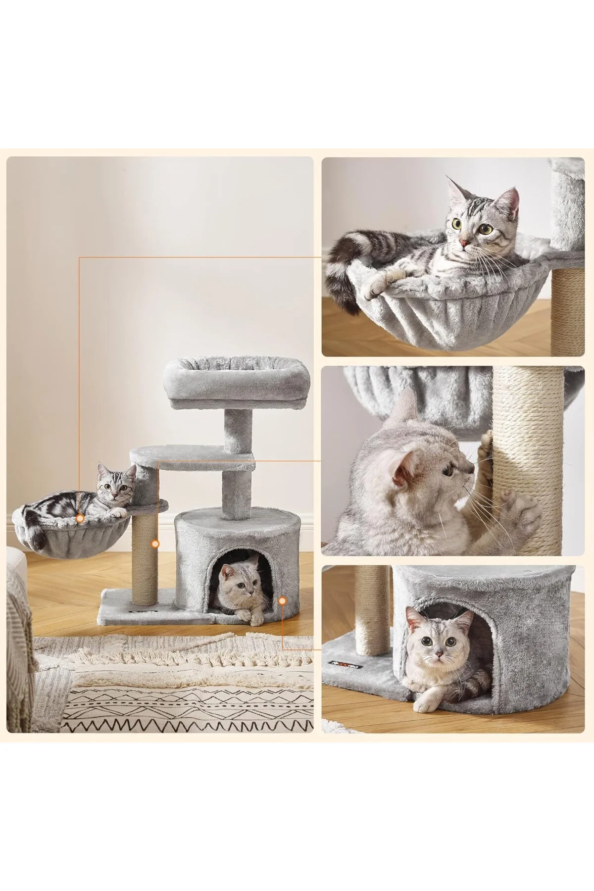 Küçük Kedi Ağacı Tırmalama Direği Çok Katlı 68 cm, Açık Gri