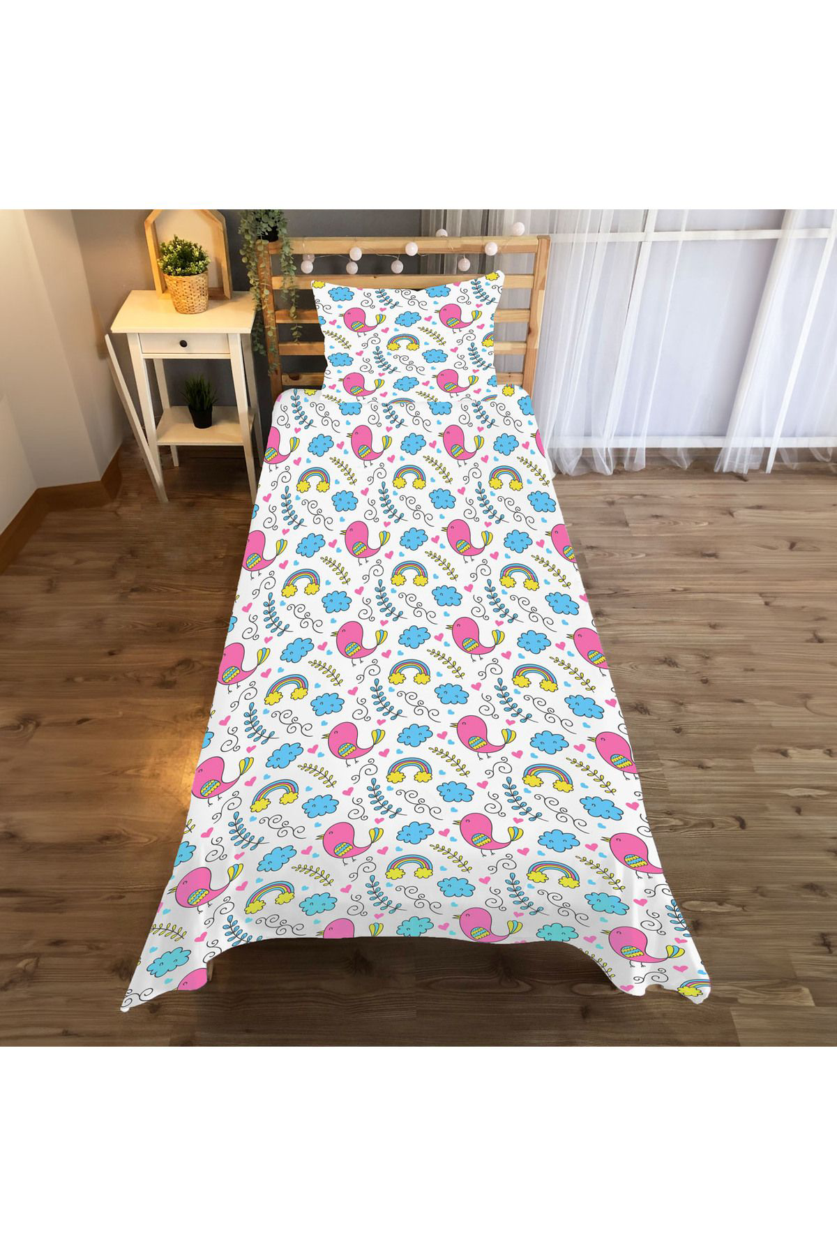 Evan Home Küçük Kuşlar Desenli Çocuk Odası Takım Perde (İki Kanat),Yatak Örtüsü,Yastık,Kırlent ,Halı,