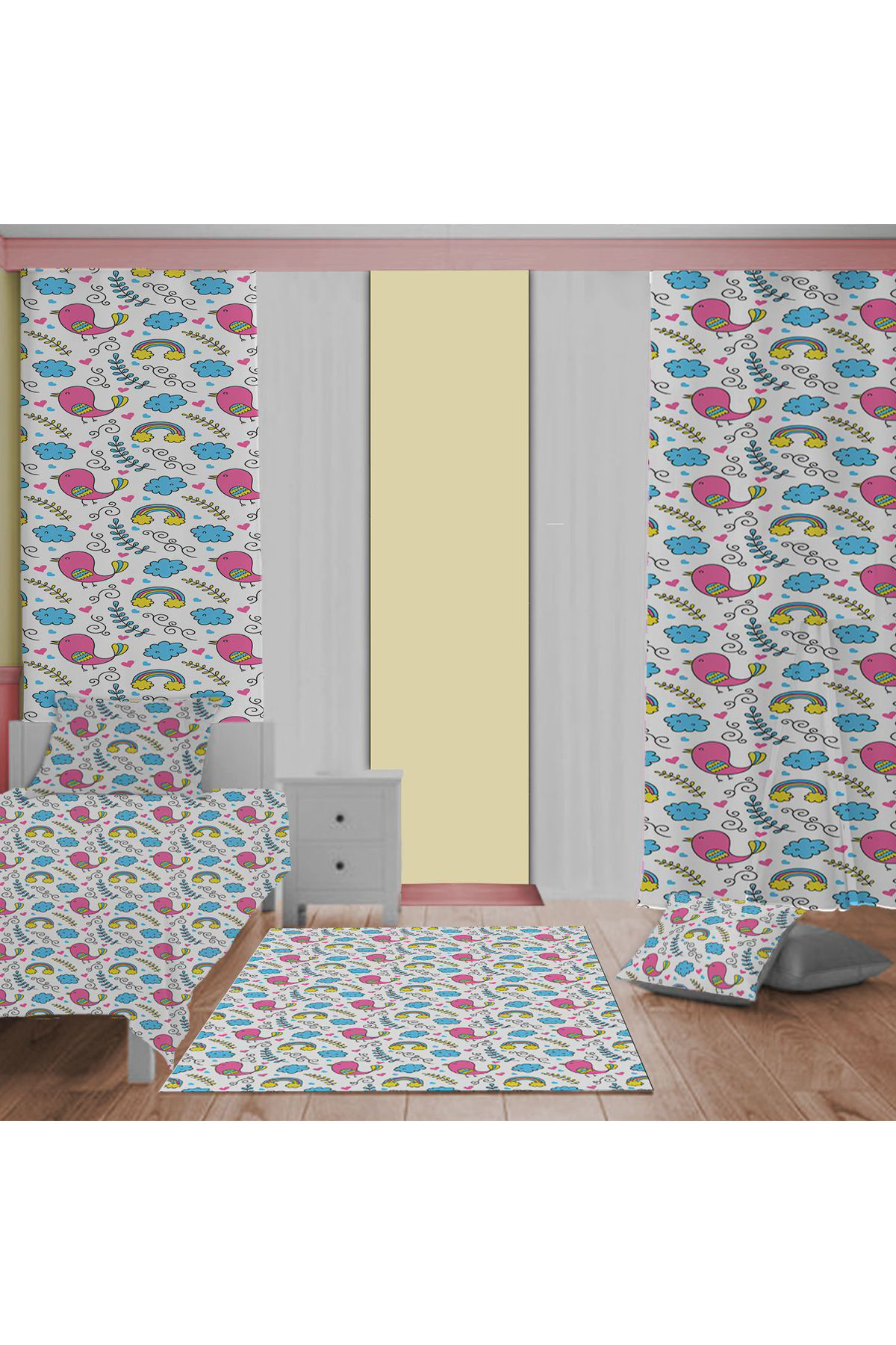 Evan Home Küçük Kuşlar Desenli Çocuk Odası Takım Perde (İki Kanat),Yatak Örtüsü,Yastık,Kırlent ,Halı,