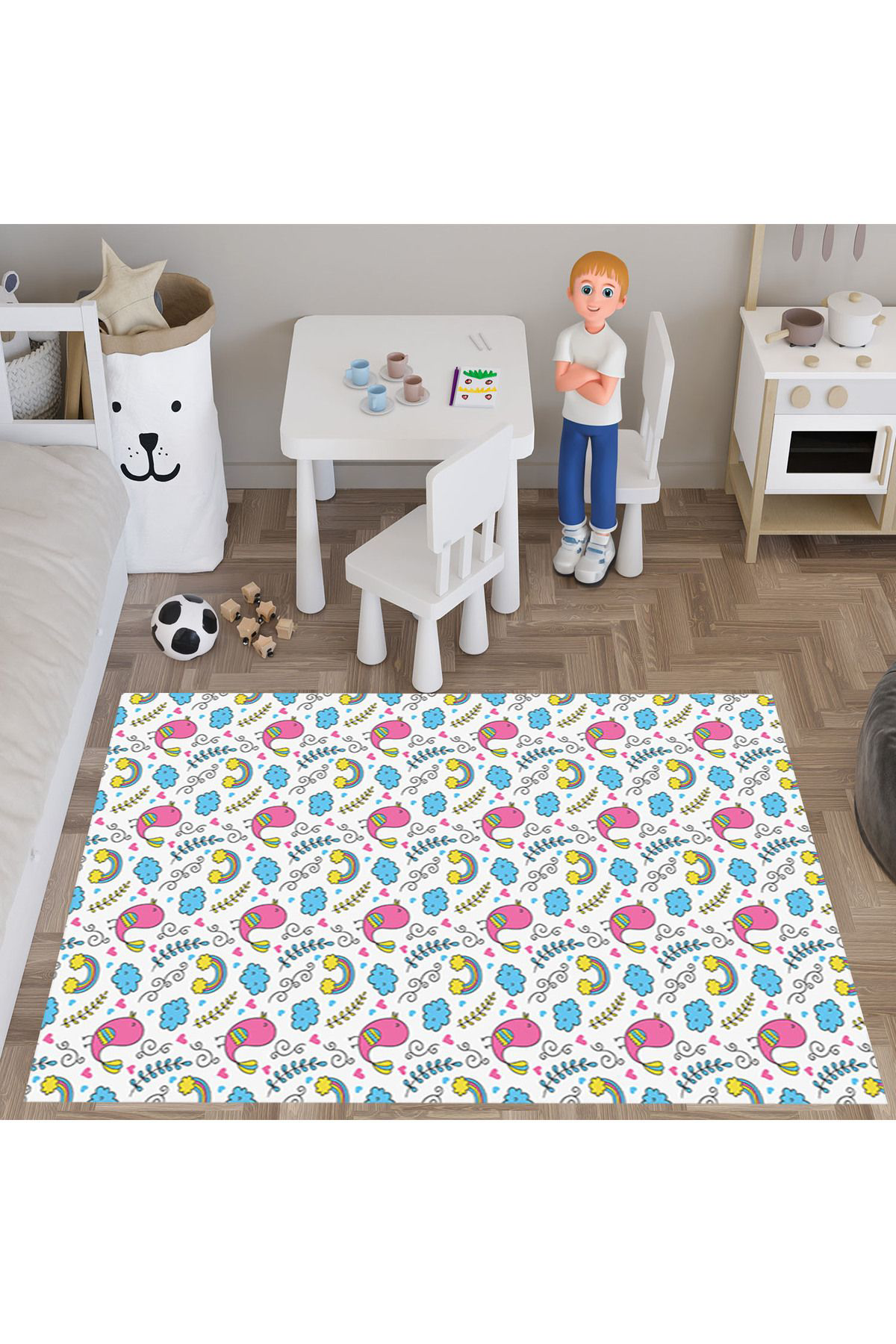 Evan Home Küçük Kuşlar Desenli Çocuk Odası Takım Perde (İki Kanat),Yatak Örtüsü,Yastık,Kırlent ,Halı,