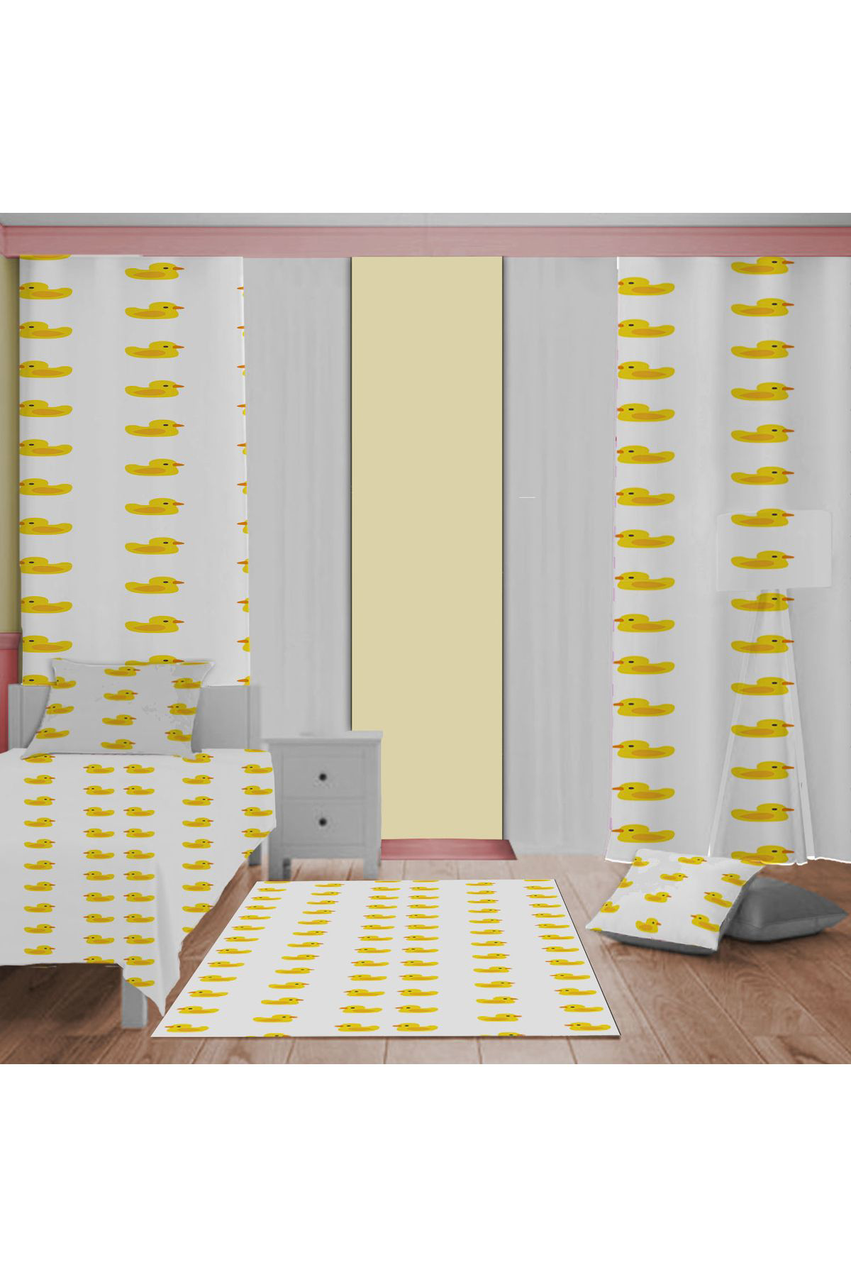 Evan Home Küçük Ördekler Desenli Çocuk Odası Takım Perde (İki Kanat),Yatak Örtüsü,Yastık,Kırlent ,Halı,