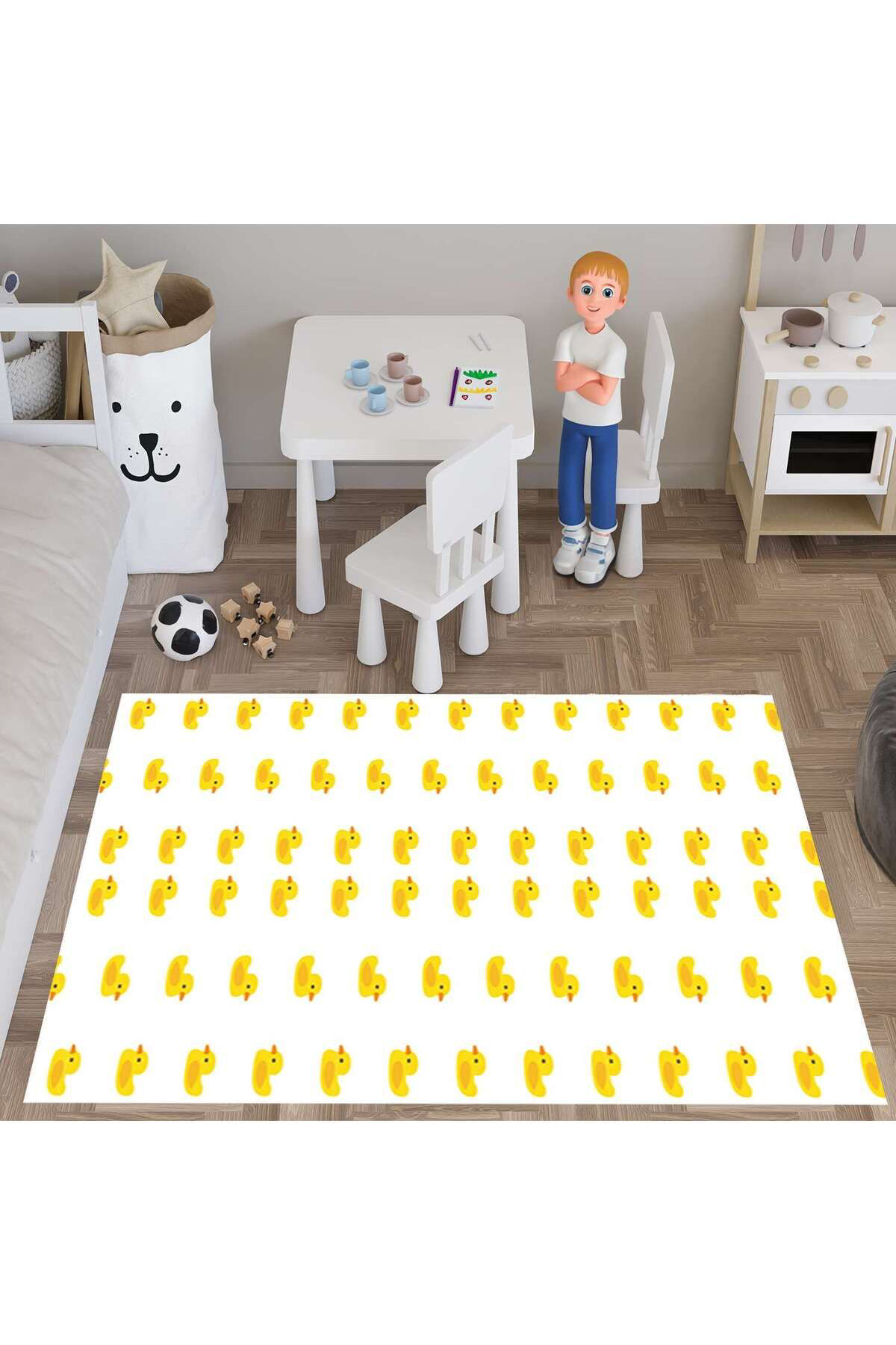 Evan Home Küçük Ördekler Desenli Çocuk Odası Takım Perde (İki Kanat),Yatak Örtüsü,Yastık,Kırlent ,Halı,