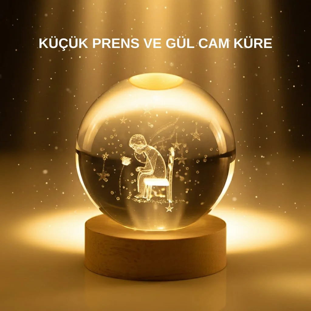 Küçük Prens Cam Küre Işıklı Ahşap Standlı Büyük Boy – Modern Masal Dekorasyonu