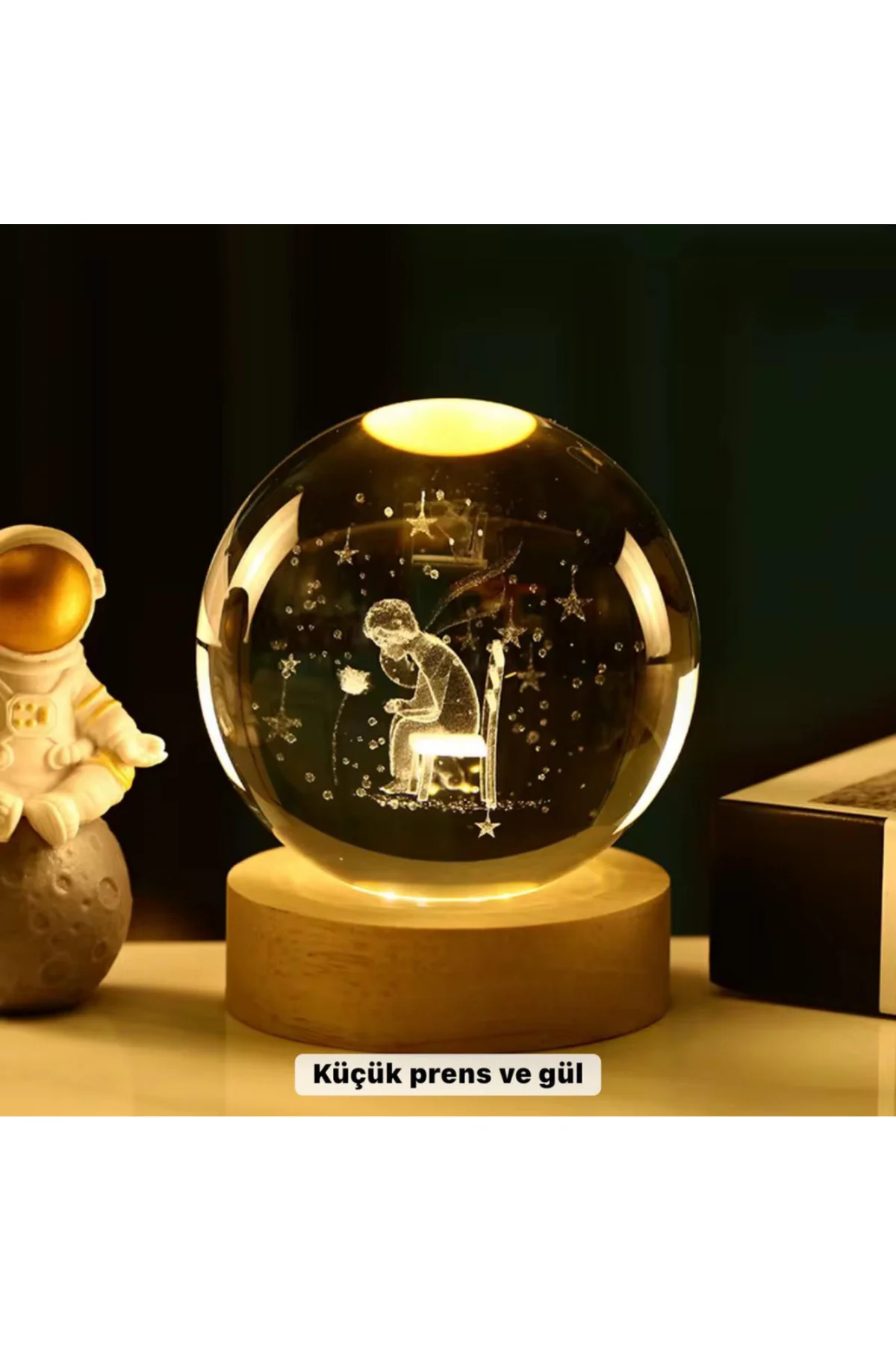 Küçük Prens Temalı Büyük Boy Işıklı Cam Küre Ahşap Stand