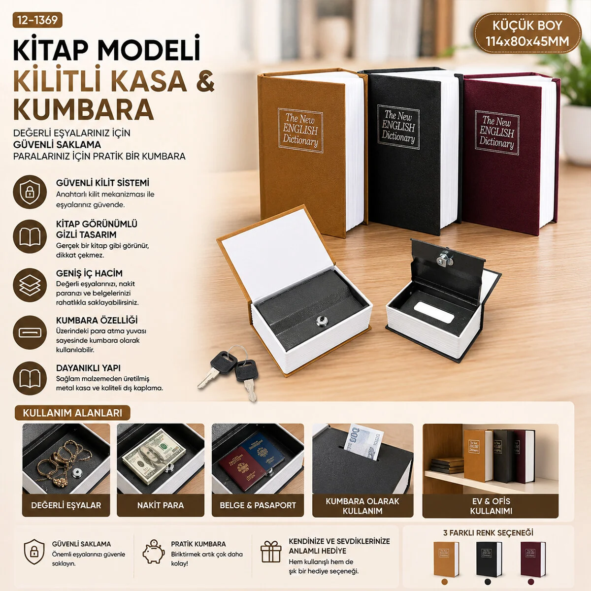 KÜÇÜK=114X80X45MM Kitap Modeli Kilitli Kasa - Kumbara Renkli Fiyatı, Yorumları ve Özellikleri