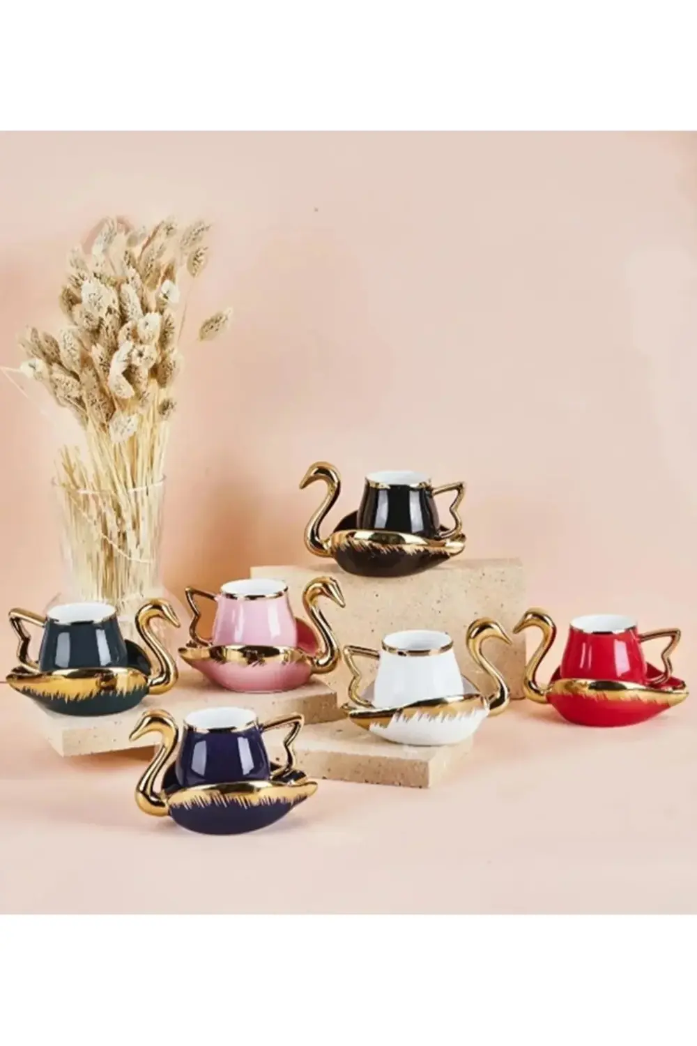 Kuğu 6 Kişilik Porselen Kahve Fincan Takımı 80 ml 6 Renk Karışık