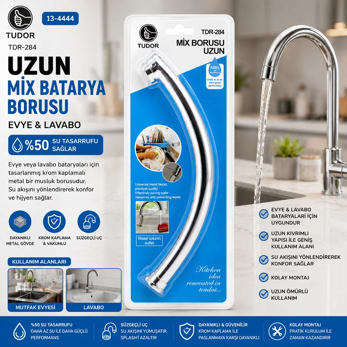 Kuğu Evye - Lavabo Uzun Mix Batarya Borusu Krom Kaplama - Vakumlu - Süzgeçli Uç
