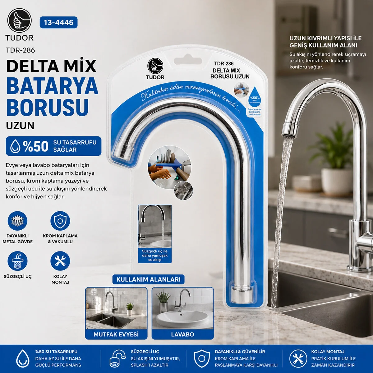 Kuğu Evye - Lavabo Uzun Delta Mix Batarya Borusu Krom Kaplama - Vakumlu - Süzgeçli Uç