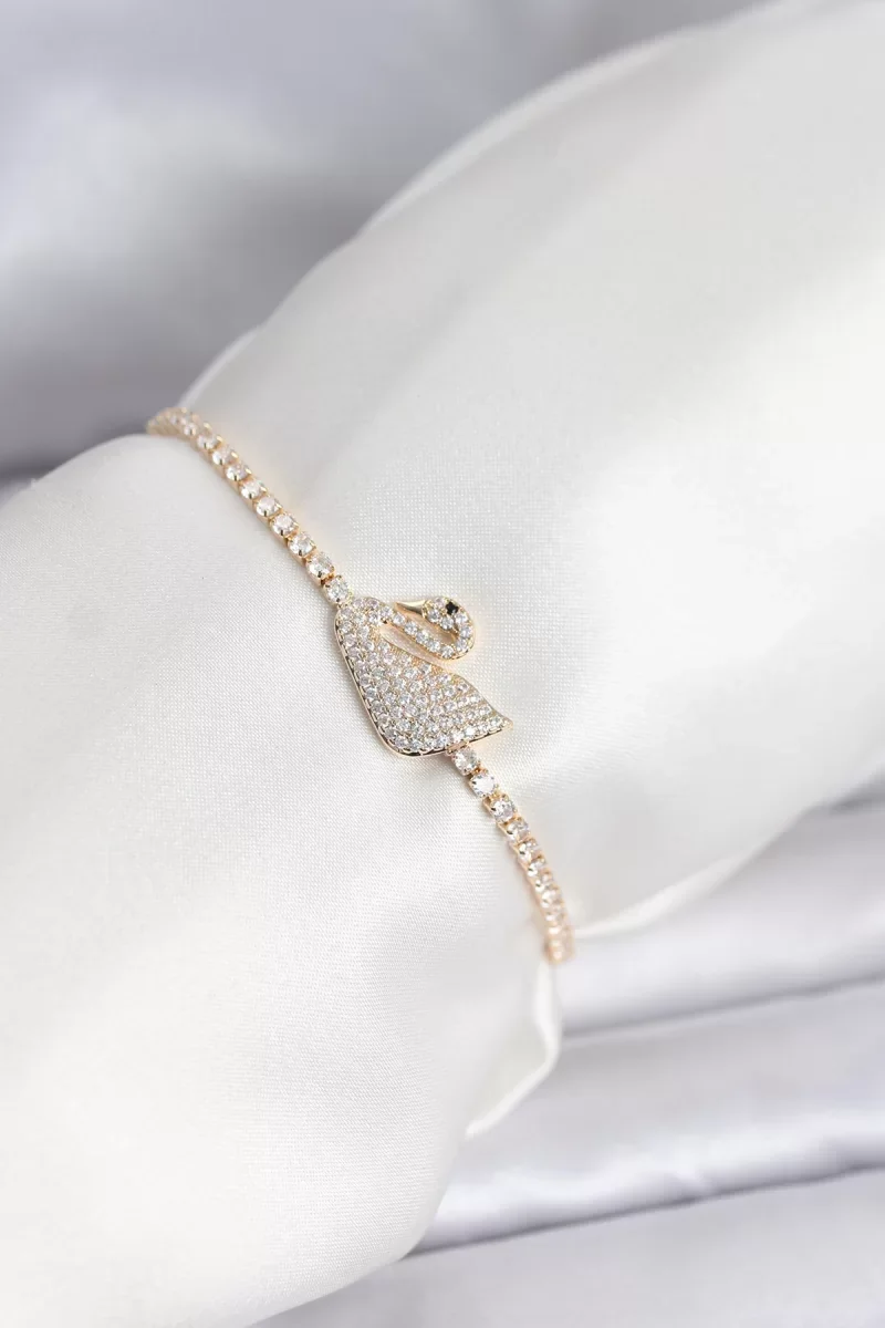 Kuğu Model Zirkon Taşlı Gold Renk Asansörlü Su Yolu Bileklik - Lisinya