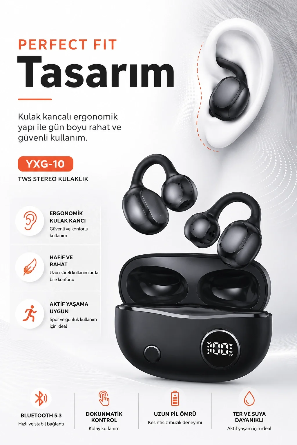 Kulak Kancalı Kablosuz Bluetooth Kulaklık Şarj Kutulu Mikrofonlu Spor Kullanım