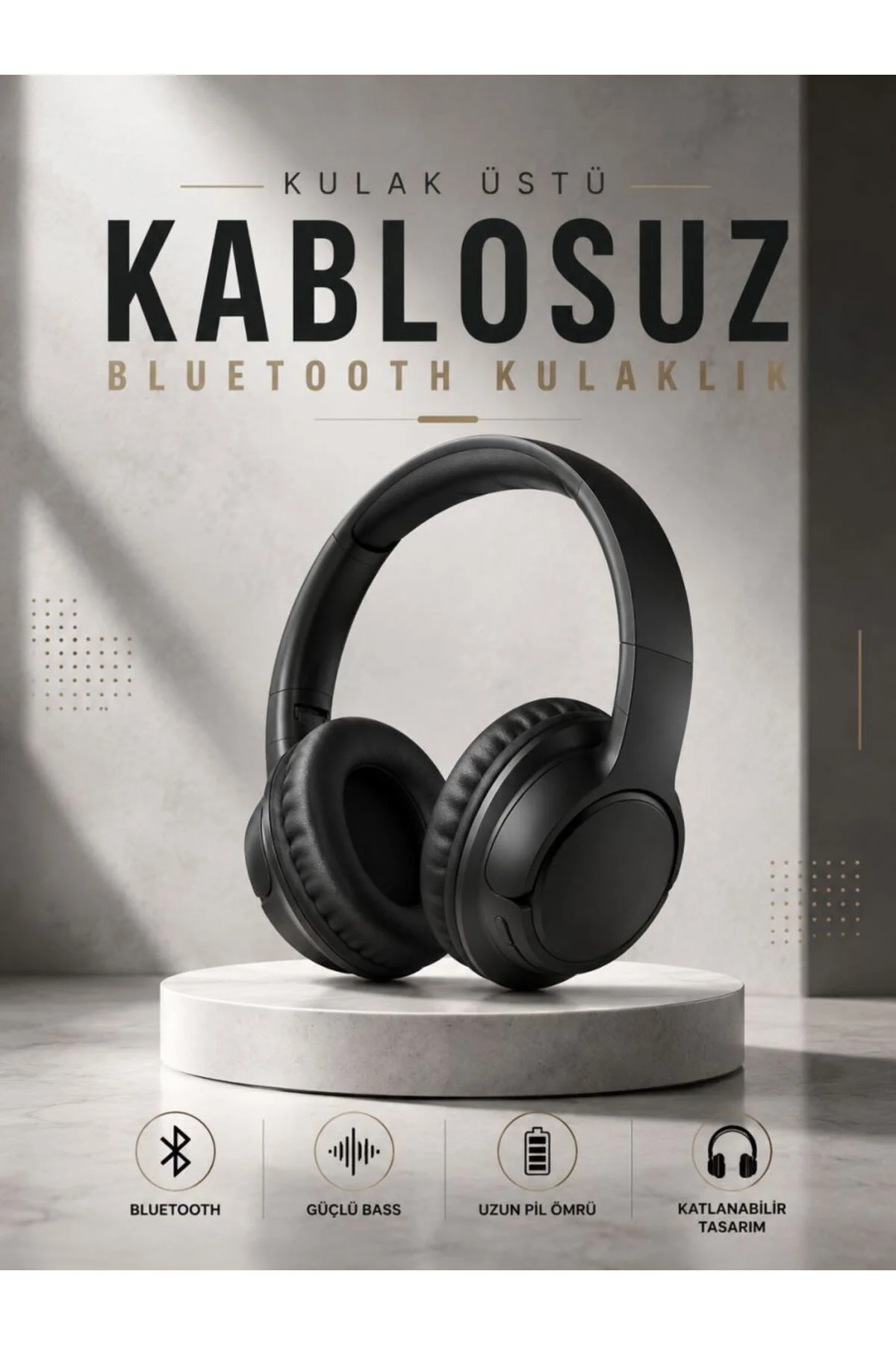 Kulak Üstü Bluetooth Kulaklık Ayarlanabiilir Uzun Pil Ömrü Kablos
