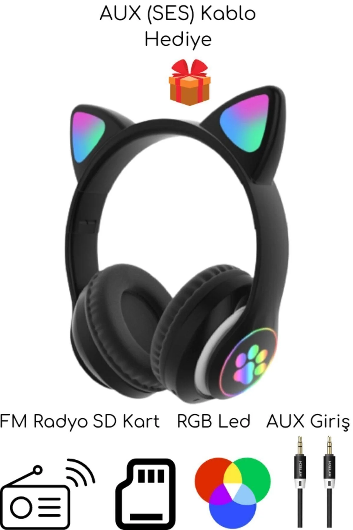 Kulak üstü Bluetooth 5.0 gri kedili kulaklık mikrofonlu FM radyo SD kart AUX RGB ışıklı