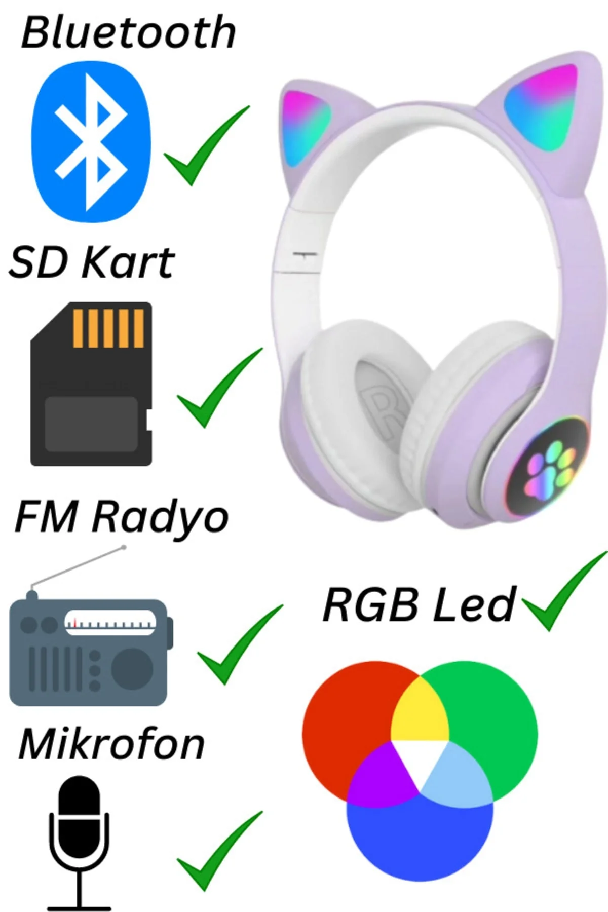 Kulak üstü Bluetooth kulaklık mor renk ANC mikrofon FM radyo SD kart aux girişli