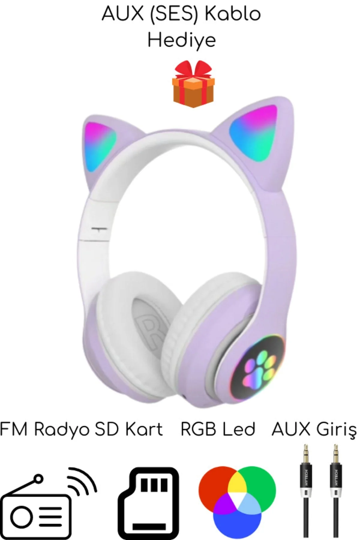 Kulak üstü Bluetooth kulaklık mor renk ANC mikrofon FM radyo SD kart aux girişli