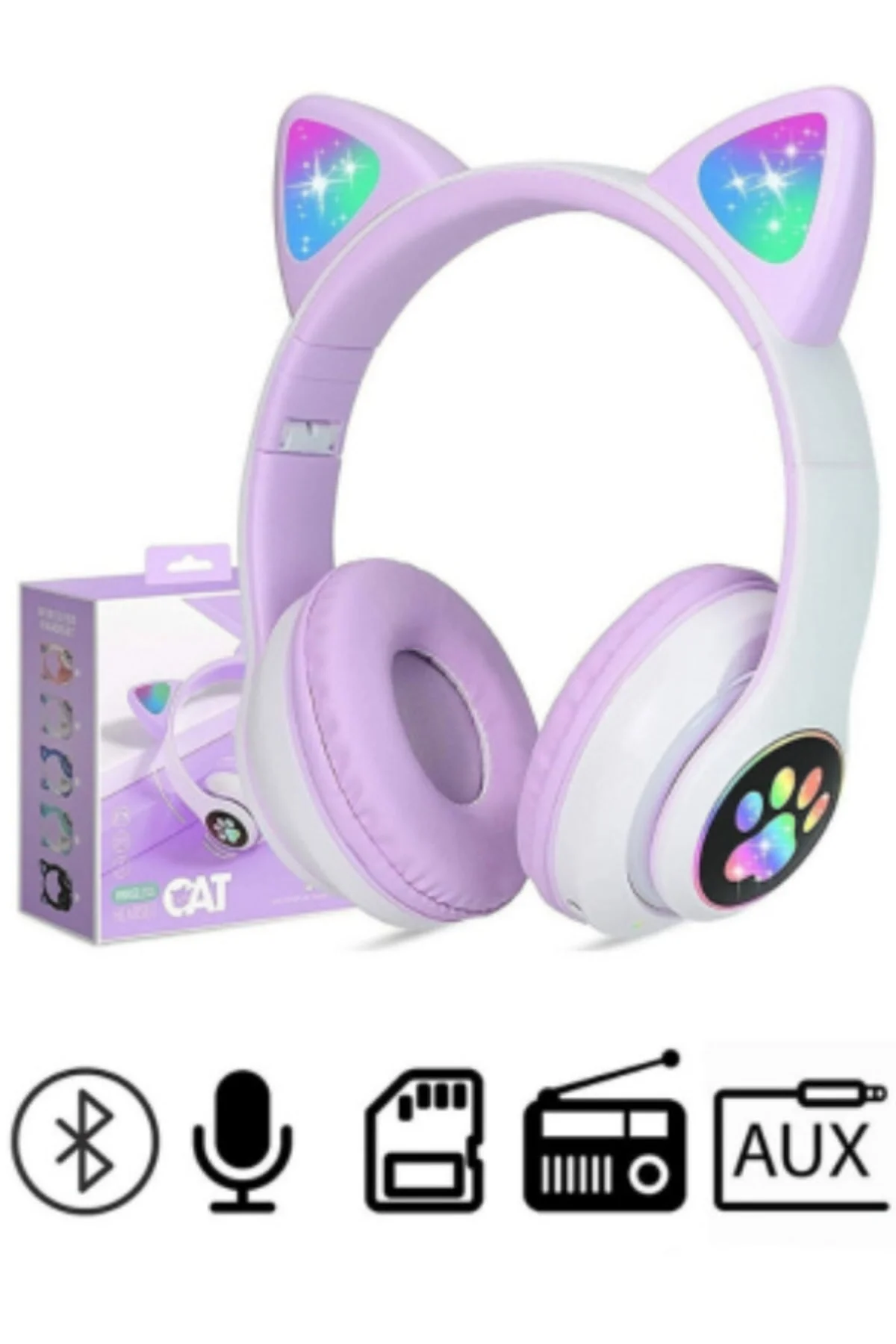 Kulak üstü Bluetooth kulaklık mor renk ANC mikrofon FM radyo SD kart aux girişli