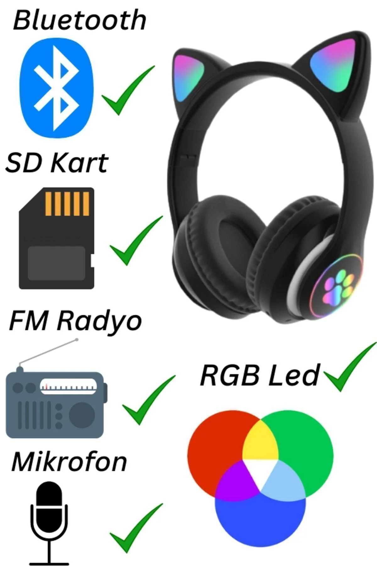Kulak üstü Bluetooth 5.0 gri kedili kulaklık mikrofonlu FM radyo SD kart AUX RGB ışıklı