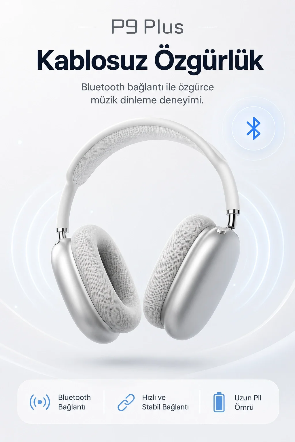 Kulak Üstü Kablosuz Bluetooth Kulaklık Yumuşak Pedli Mikrofonlu Günlük Kullanım