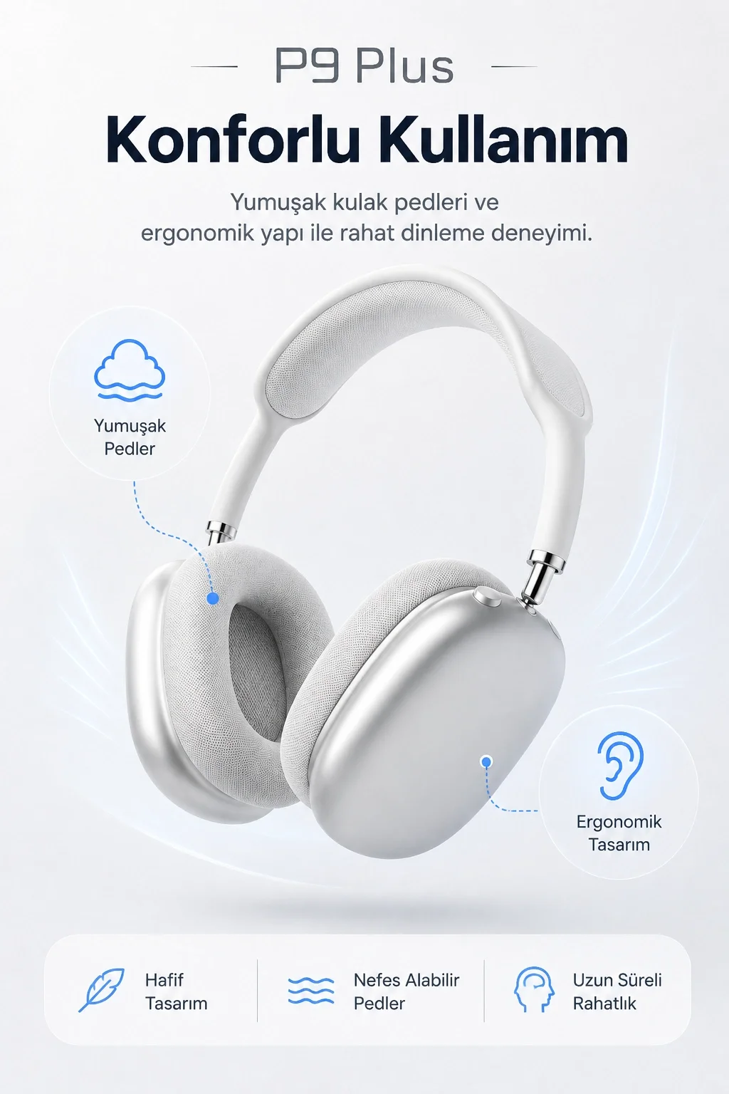 Kulak Üstü Kablosuz Bluetooth Kulaklık Yumuşak Pedli Mikrofonlu Günlük Kullanım