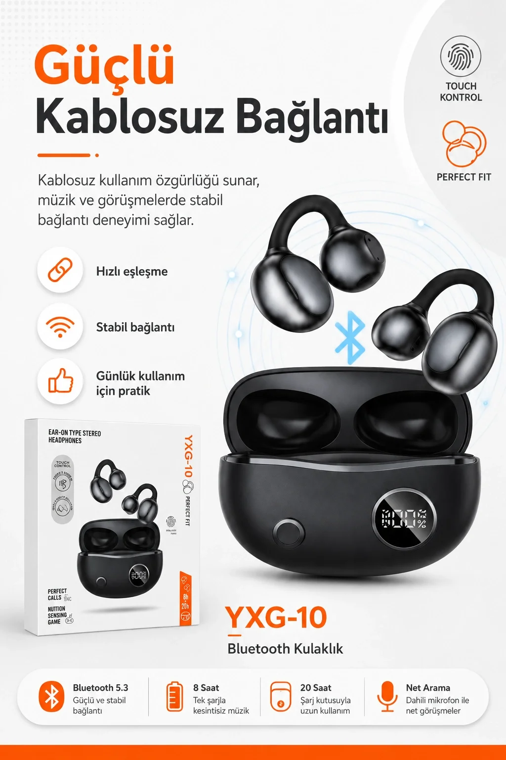 Kulak Üstü Klipsli Kablosuz Stereo Kulaklık Dokunmatik Kontrollü Şarj Kutulu