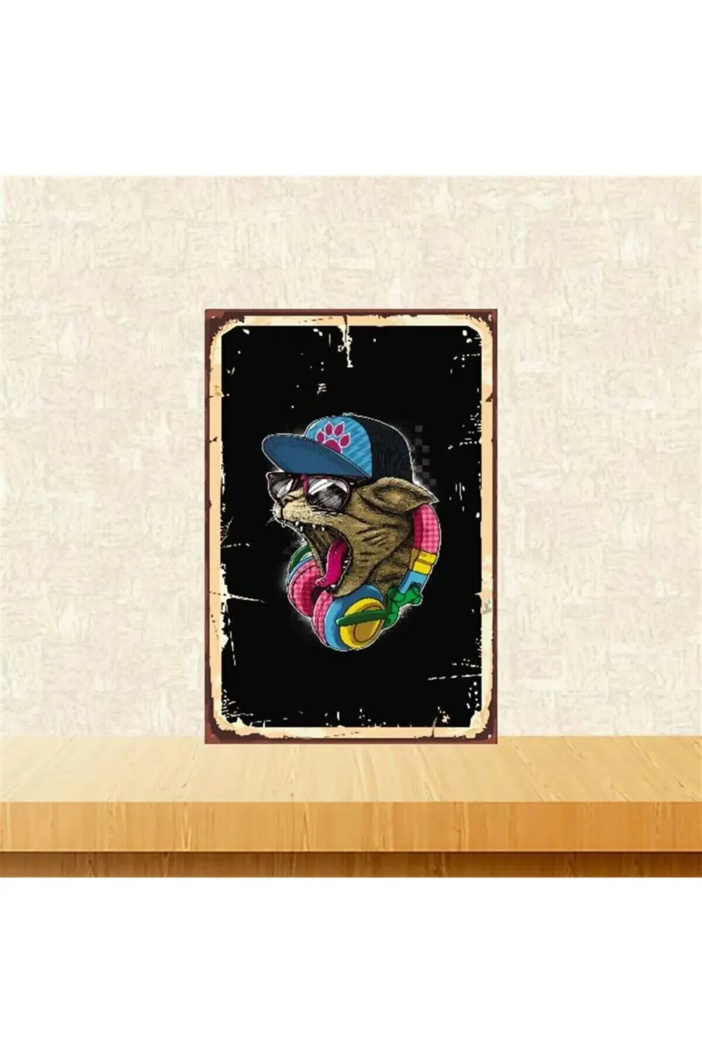 Kulaklık Takan Kedi Tasarımlı 20-30 cm Retro Ahşap Poster