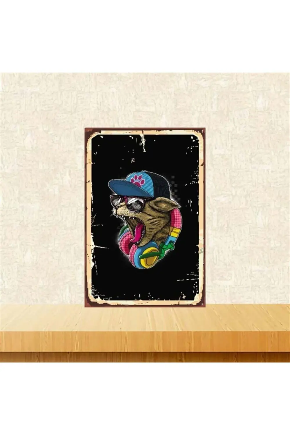 Kulaklık Takan Kedi Tasarımlı 20-30 Cm Retro Ahşap Poster