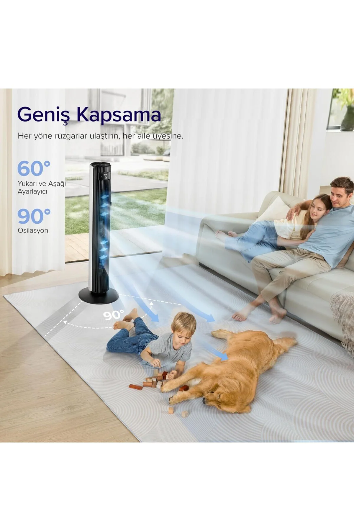 Kule Vantilatör İçin Yatak Odası, 7,5 m/s, 23 W, 25 dB Sessiz Sütun, Uzaktan Kumandal