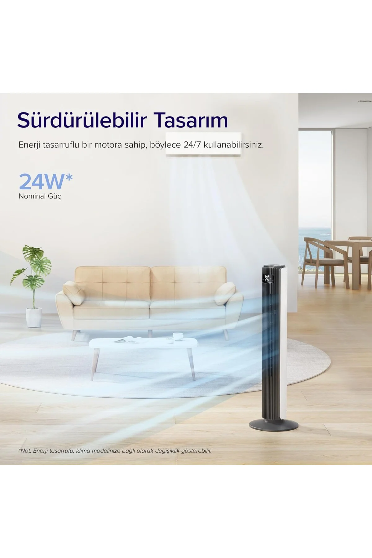 Kule Vantilatör İçin Yatak Odası, 7,5 m/s, 23 W, 25 dB Sessiz Sütun, Uzaktan Kumandal