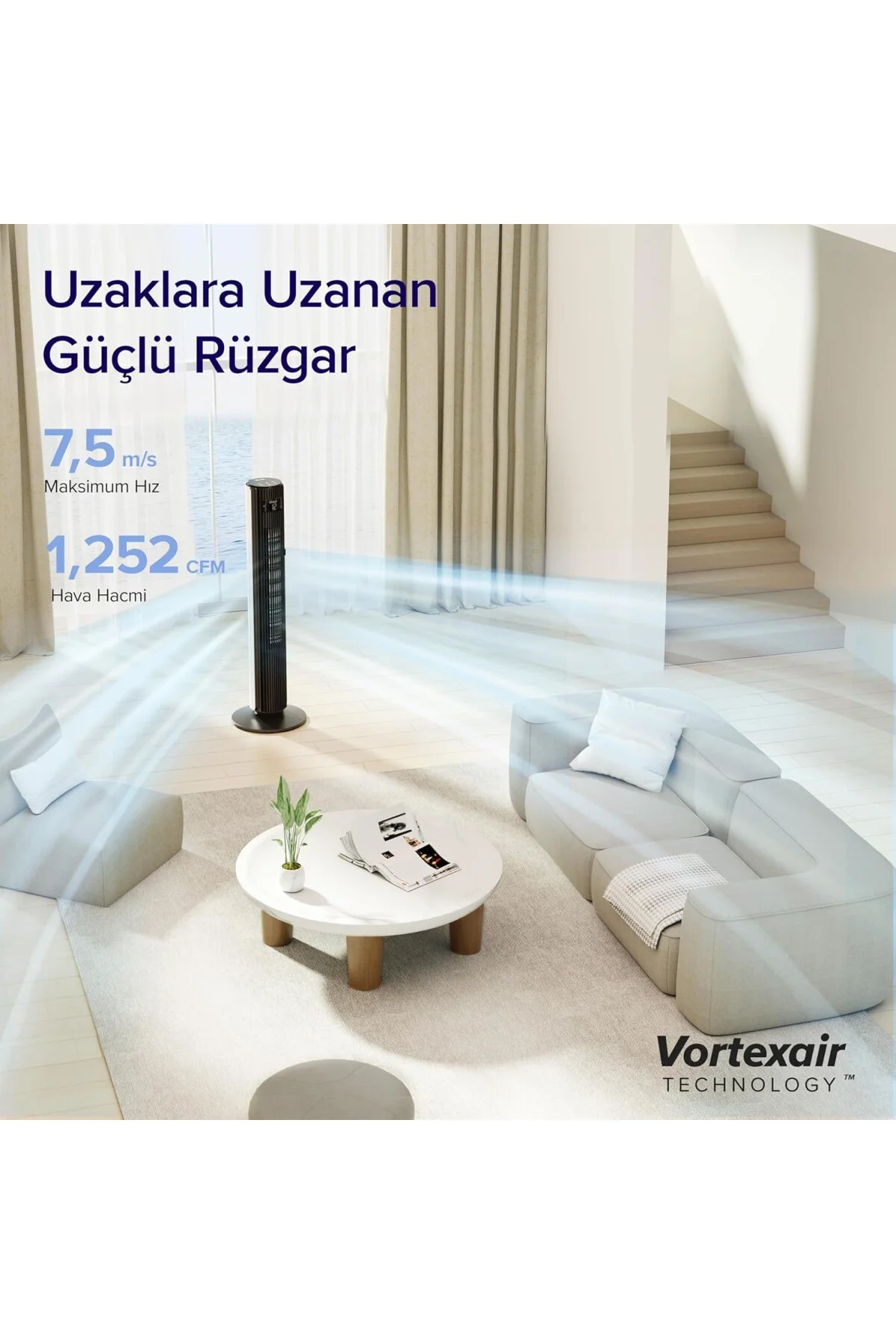 Kule Vantilatör İçin Yatak Odası, 7,5 m/s, 23 W, 25 dB Sessiz Sütun, Uzaktan Kumandal