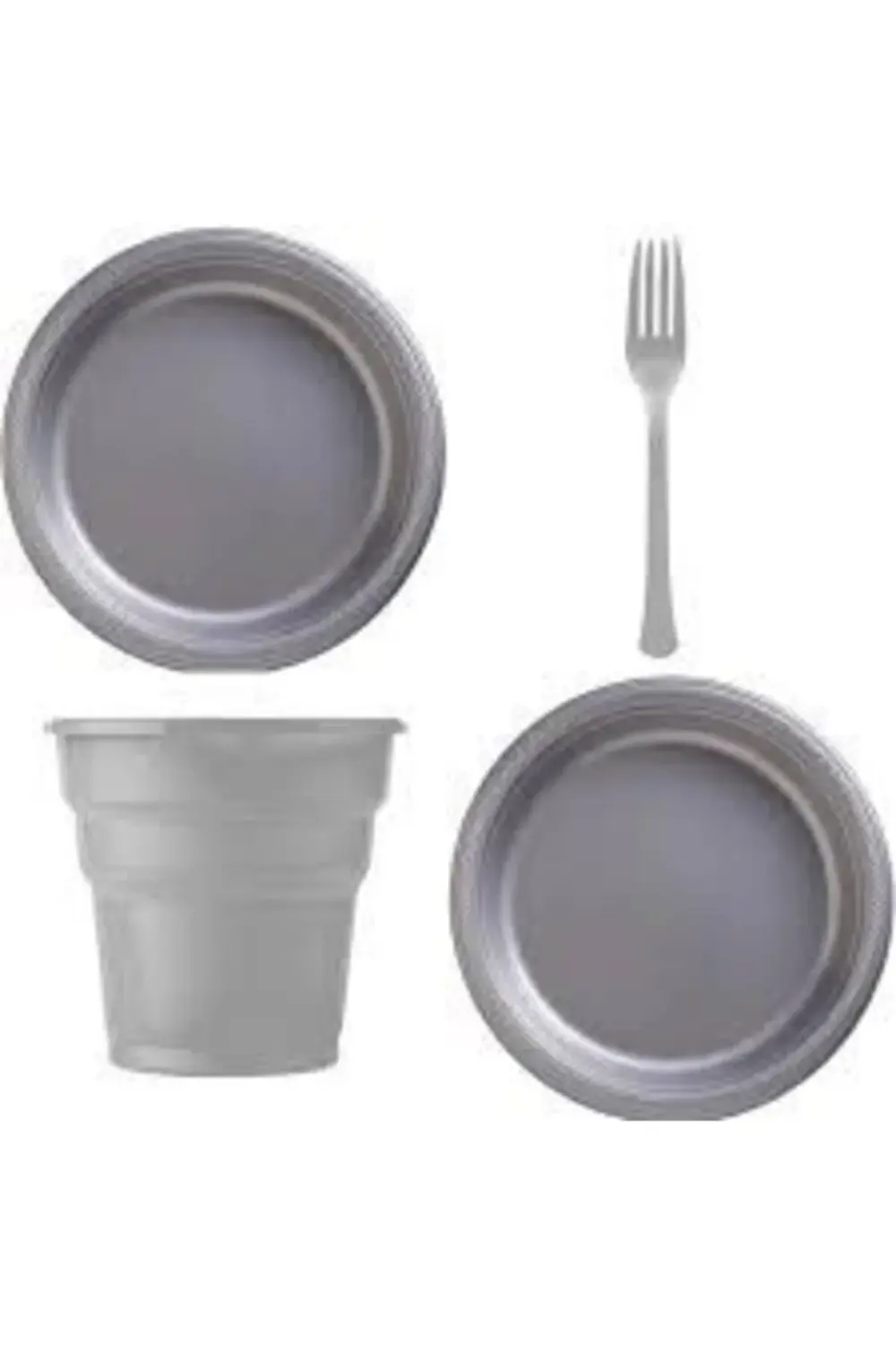 Kullanatparty Gümüş Renk Plastik Tabak Bardak Çatal Seti - Lüx Pl