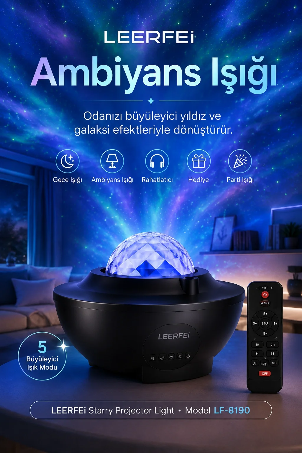 Kumandalı Galaksi Yıldız Projektör Gece Lambası FM Radyolu Parti Işığı Özellikli Fiyatı, Yorumları ve Özellikleri