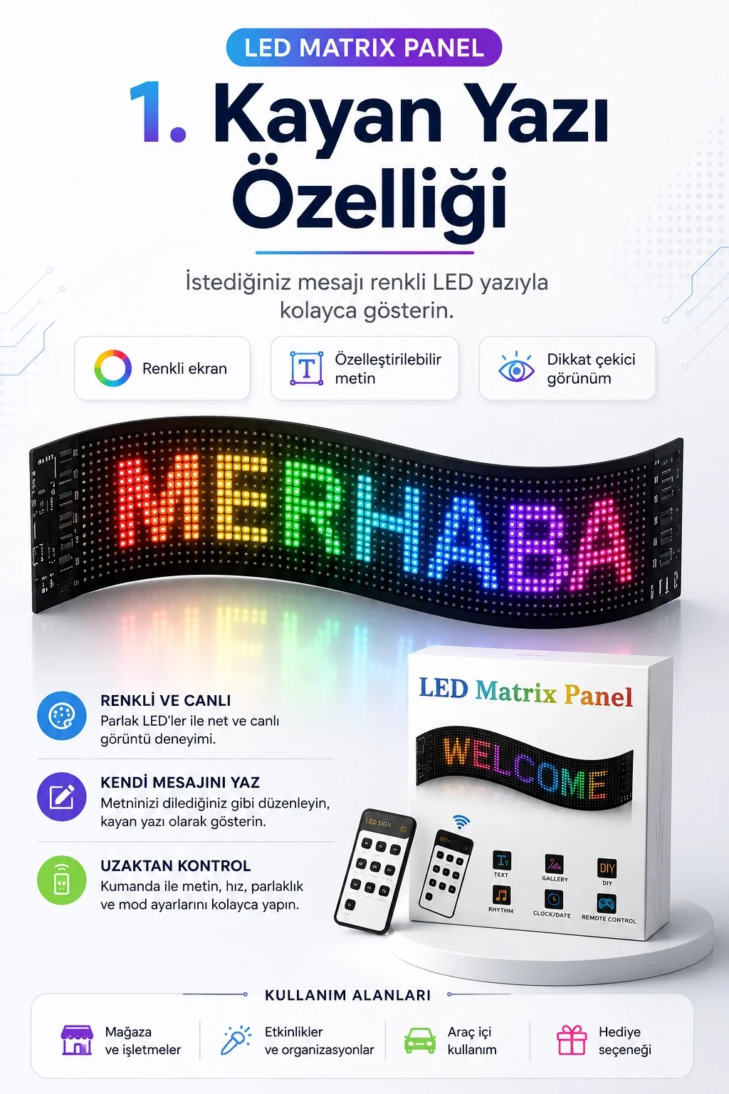 Kumandalı LED Matrix Panel Kayan Yazı Tabelası Renkli Mesaj Ve Saat Gösterimli Fiyatı, Yorumları ve Özellikleri