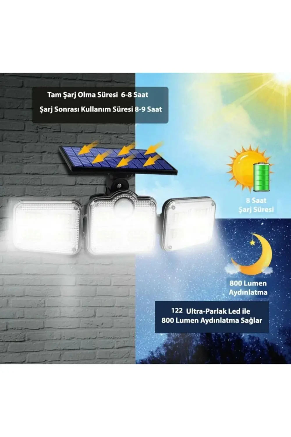 Kumandalı Solar Güneş Enerjili 122 Ledli Hareket Sensörlü Bahçe A