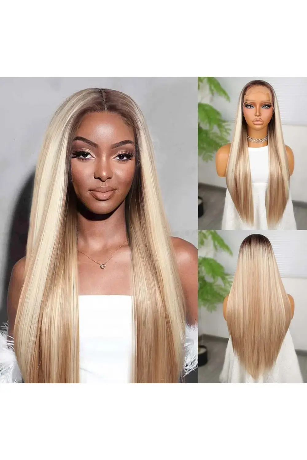 Kumral Beyaz Platin Ombreli ve Röfleli Fiber Sentetik Tül Peruk