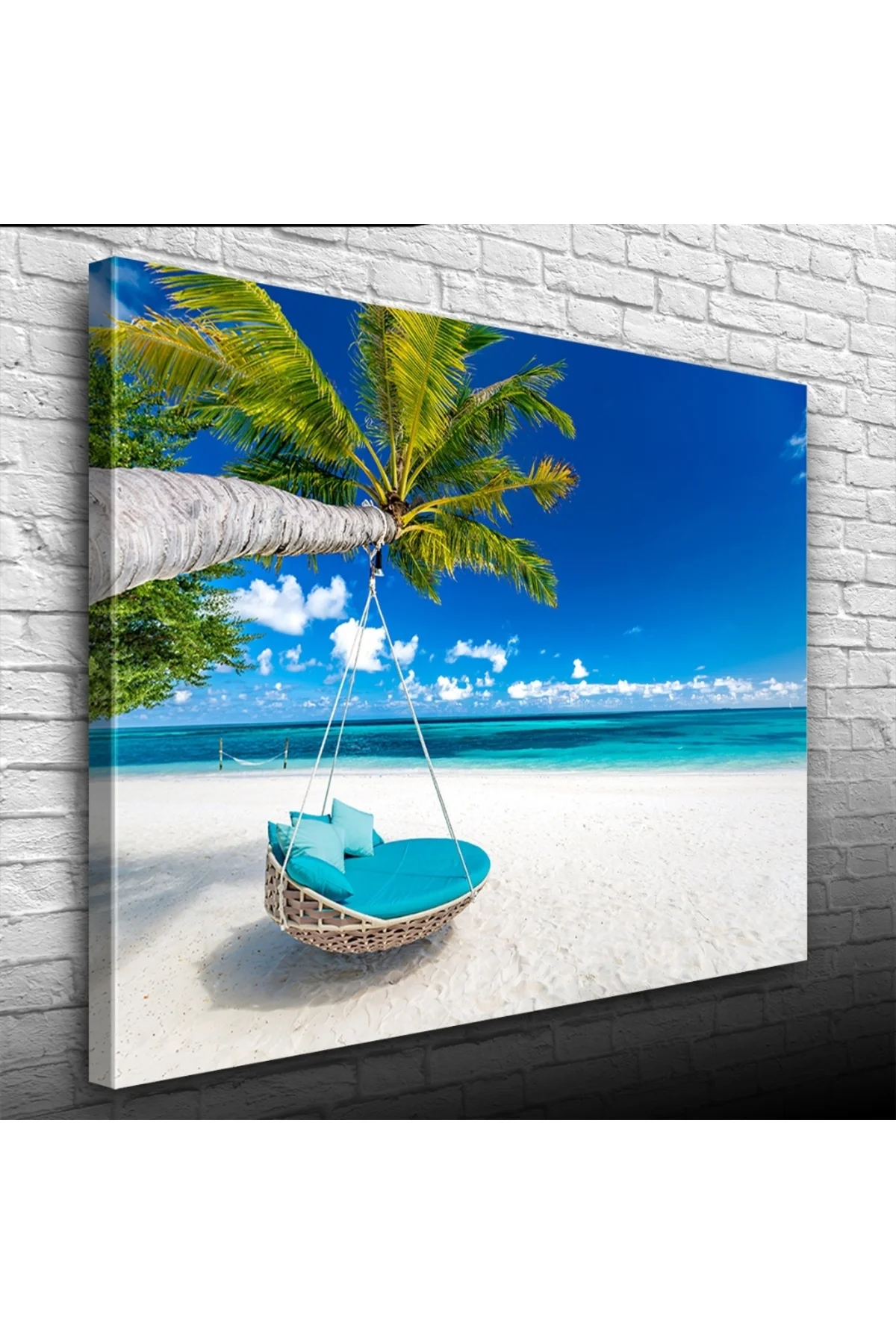 Kumsal Mavi Salıncak, Deniz ve Palmiyeler Kanvas Tablo 50 x 70