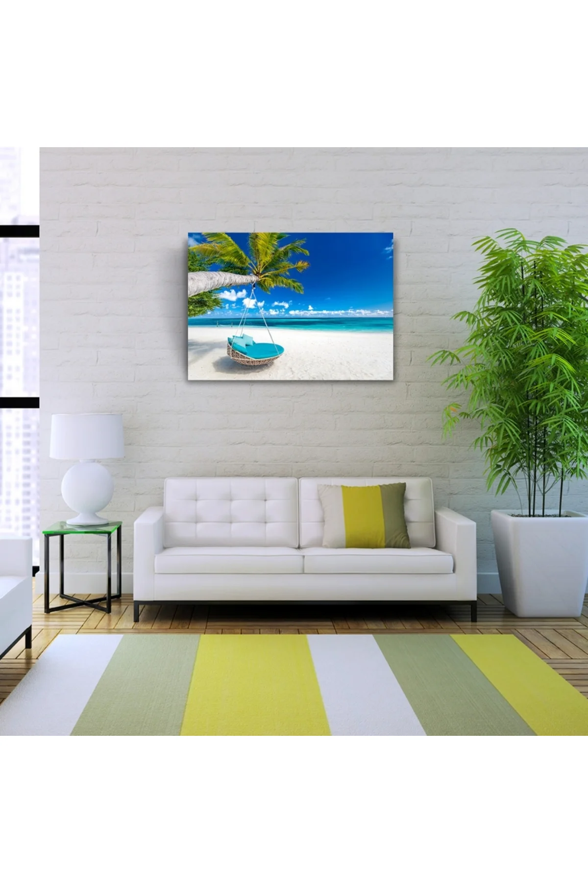 Kumsal Mavi Salıncak, Deniz ve Palmiyeler Kanvas Tablo 50 x 70