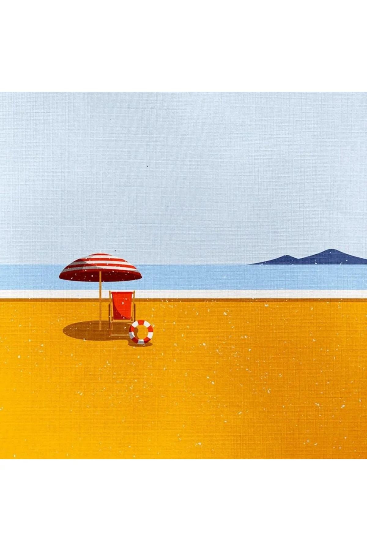 Kumsalda Kırmızı Şemsiye ve Şezlong Kanvas Tablo 50 x 70