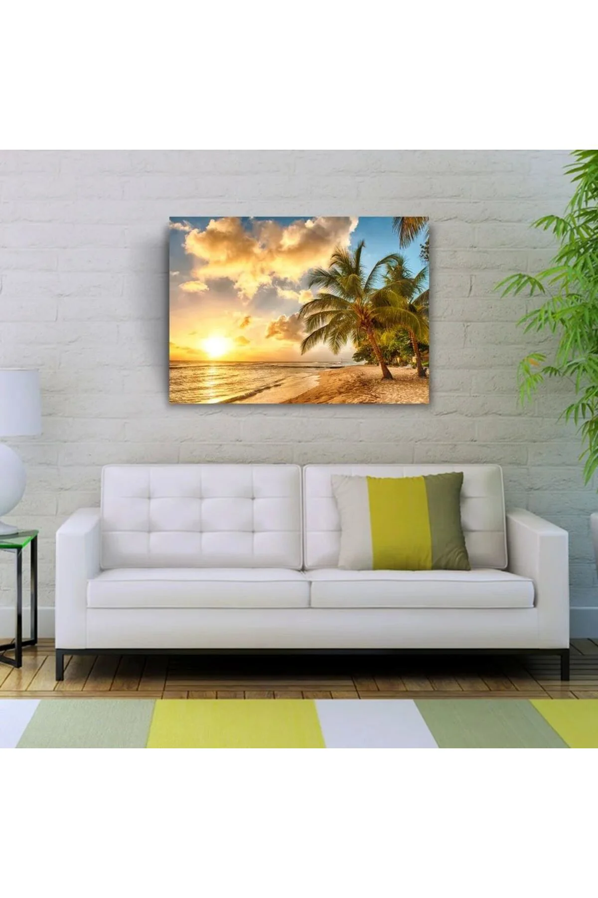 Kumsalda Palmiyeler ve Günbatımı Kanvas Tablo 50 x 70