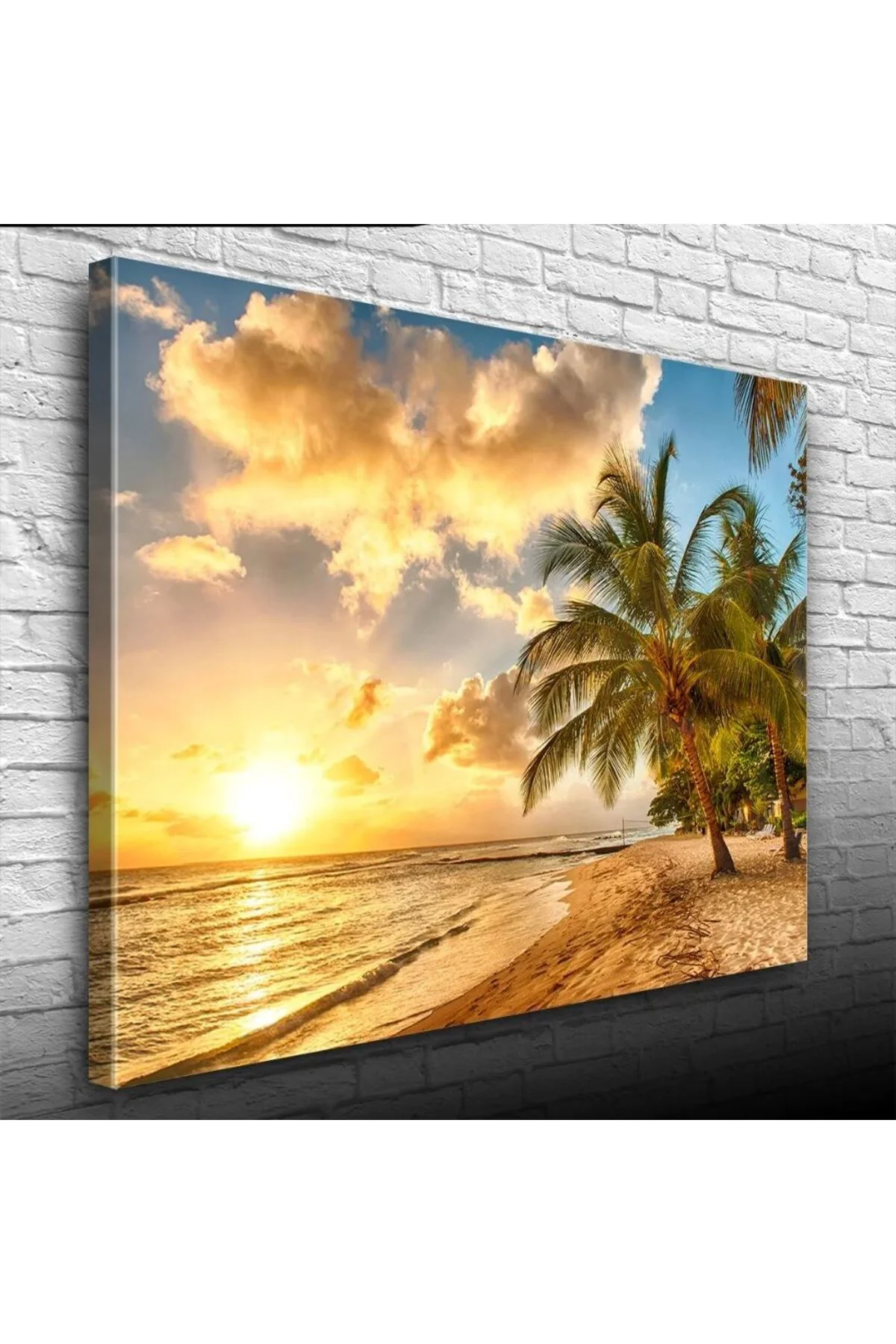Kumsalda Palmiyeler ve Günbatımı Kanvas Tablo 50 x 70