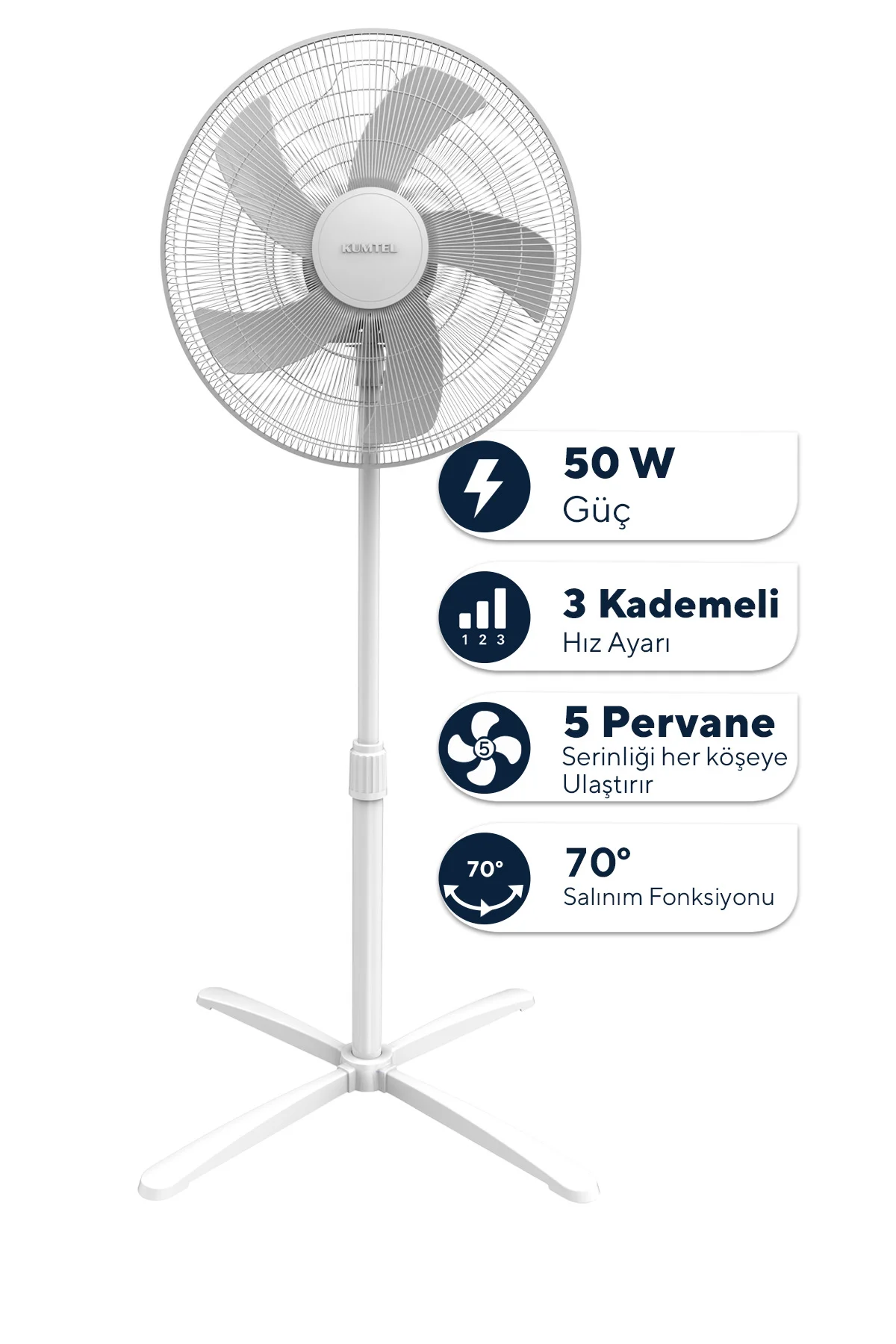 Kumtel Beyaz 16 inç Ayaklı Vantilatör 50 W, 5 Pervaneli, 3 Kademeli, 121 cm Yükseklik