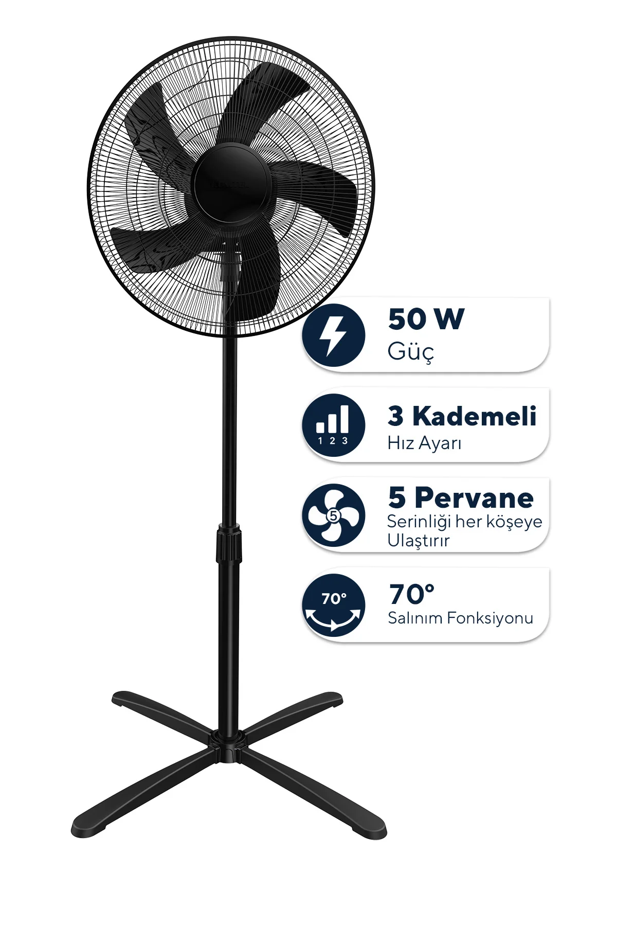 Kumtel Siyah 16 inç Ayaklı Vantilatör 50 W, 5 Pervaneli, 3 Kademeli, 121 cm Yükseklik