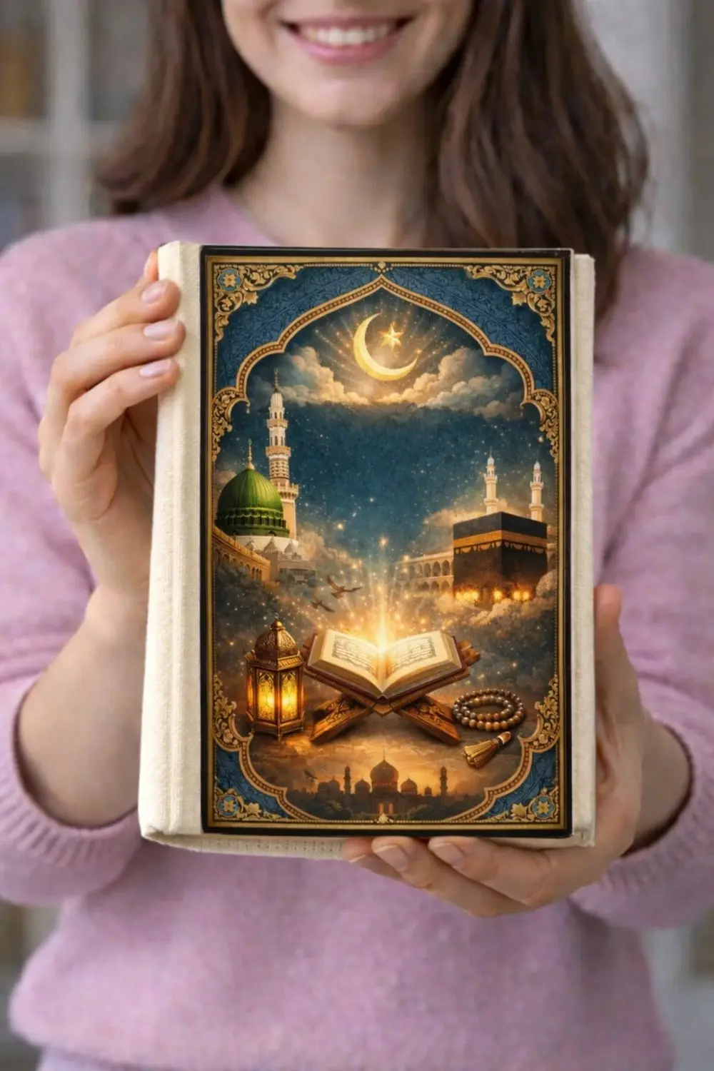 Kuran-ı Kerim Kılıfı Kitap Koruyucu - Kâbe ve Medine Desenli Özel