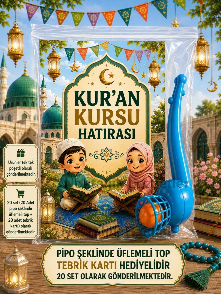 Kur'an Kursu Hatırası 10 Adet Pipo Şeklinde Üflemeli Top Tebrik Kartı Hediye Seti