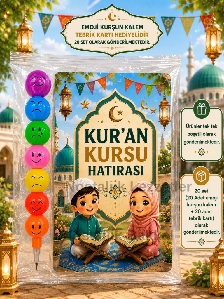 Kur'an Kursu Hatırası 20 Adet Emoji Yumurtlayan Kurşun Kalem Tebrik Kartı Hediye Seti