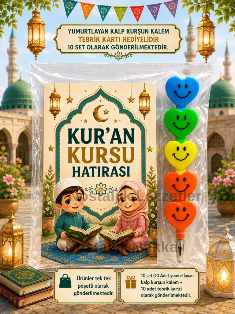 Kur'an Kursu Hatırası 10 Adet Kalp Şeklinde Yumurtlayan Kurşun Kalem Kartı Hediye Seti