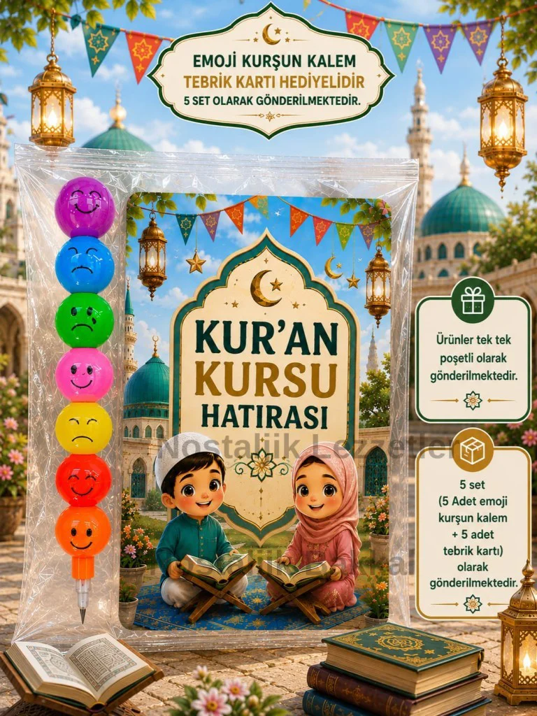 Kur'an Kursu Hatırası 5 Adet Emoji Yumurtlayan Kurşun Kalem Tebrik Kartı Hediye Seti
