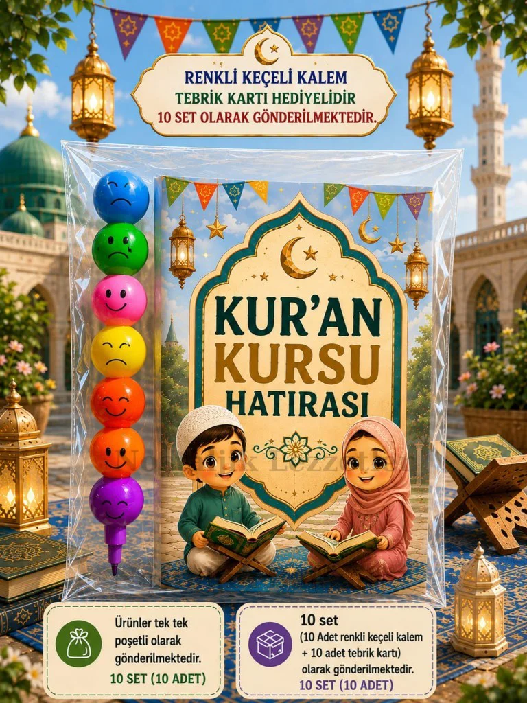 Kur'an Kursu Hatırası 10 Adet Renkli Keçeli Kalem Tebrik Kartı Hediye Seti